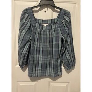 Lauren Conrad Blouse Blue Green Plaid Top Cotton Women‎ Stylish XS